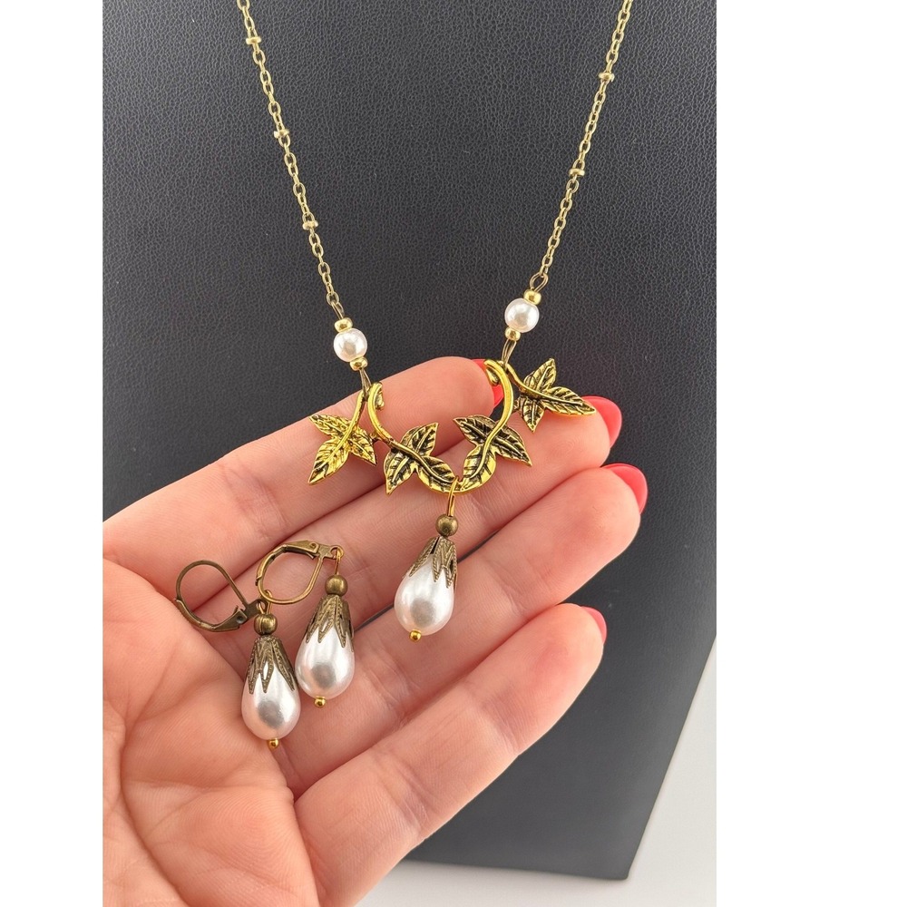Pearl Drop Necklace‎ Earring Set Gold Vine Bridal Cottagecore